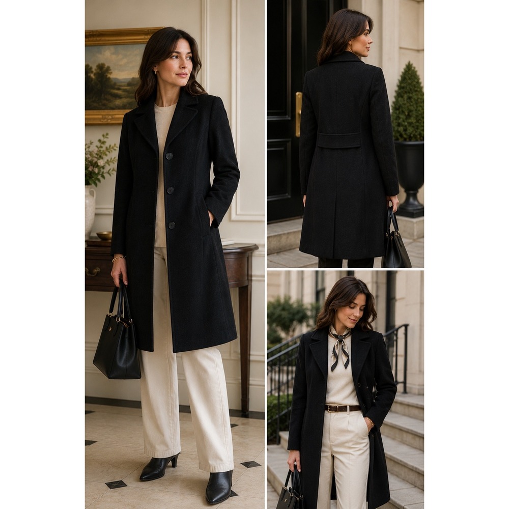 Larry Levine Women's 10 Black Wool Cashmere Coat Long Tailored Quiet Luxury